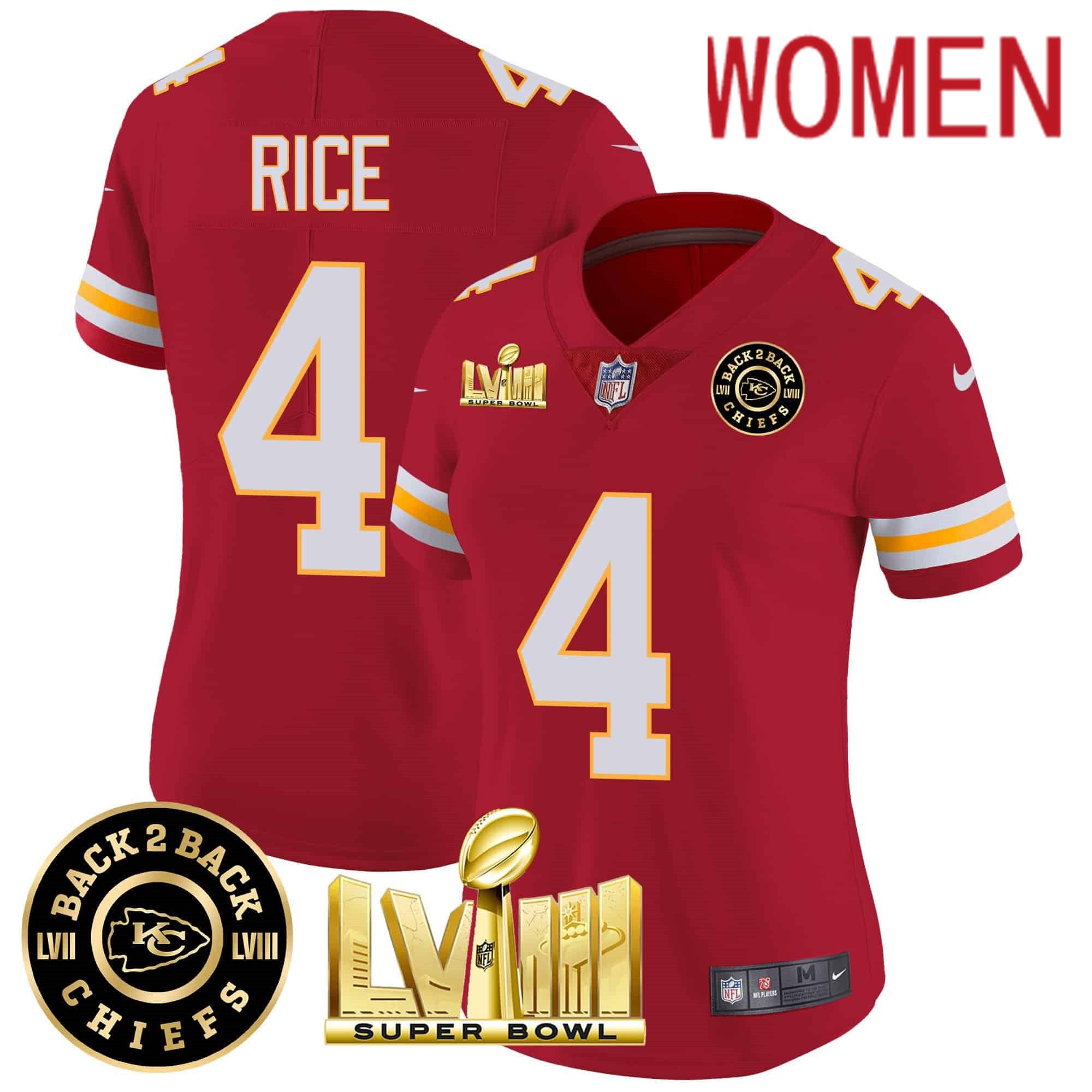 Women Kansas City Chiefs #4 Rice Red 2024 Nike Super Bowl LVIII & Back-2-Back Patch Vapor NFL Jersey style 3->women nfl jersey->Women Jersey
